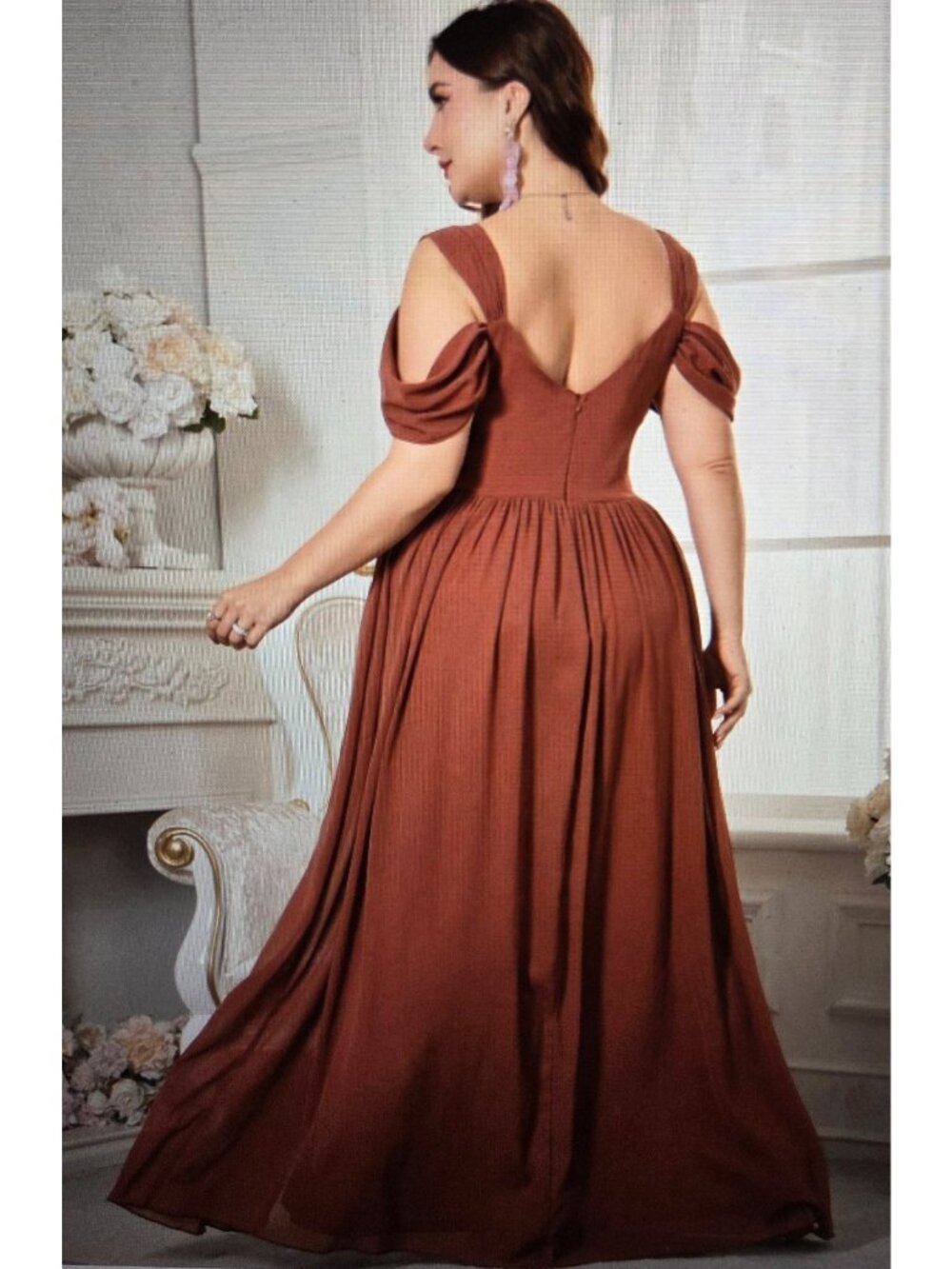 New! Unithorse Size L Burnt Orange Gown Maxi dress Ruched Chiffon Slit - Picture 2 of 16